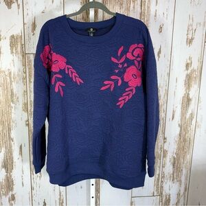 Curations, Chic Navy Sweater Quilted with Pink Floral Design. Size 1X.